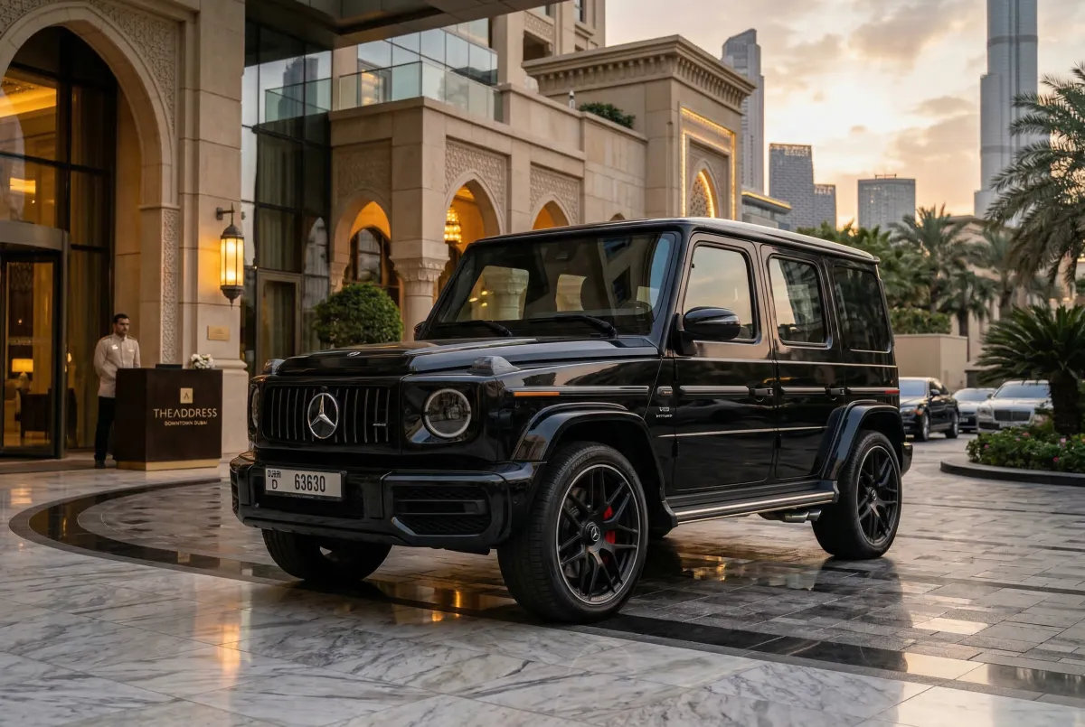Black Mercedes G63 parked outside a luxury hotel in Downtown Dubai