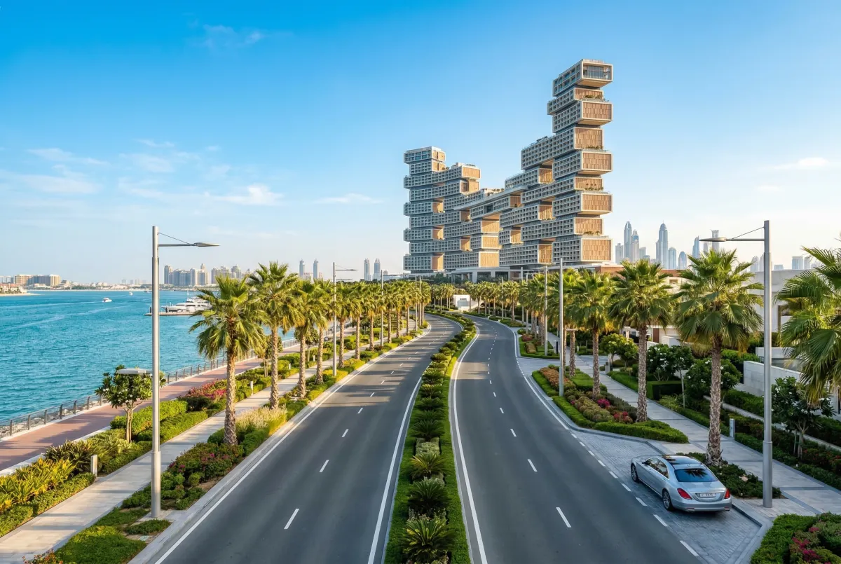 Palm-lined Dubai coastal road with modern luxury buildings and sea views