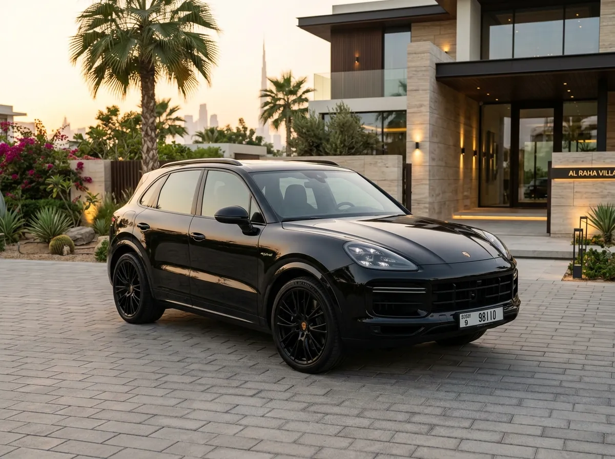 Black Porsche Cayenne Hybrid parked outside a luxury Dubai villa at sunset