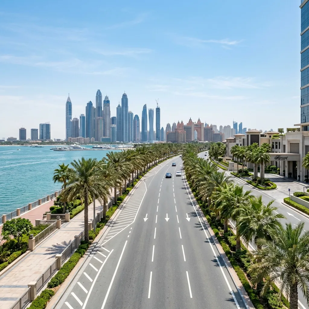 Palm-lined Dubai waterfront road with sea views and city skyline