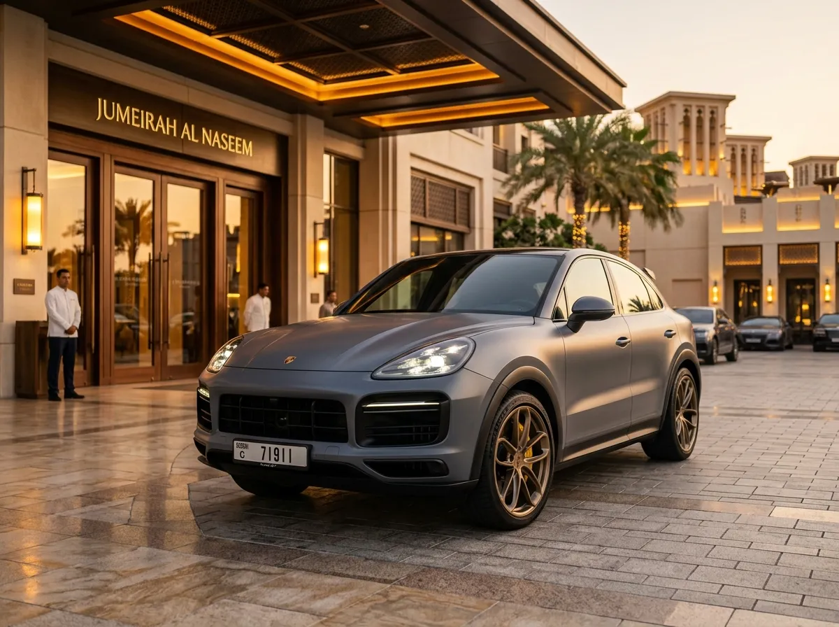 Grey Porsche Cayenne GT Turbo parked outside Jumeirah Al Naseem in Dubai