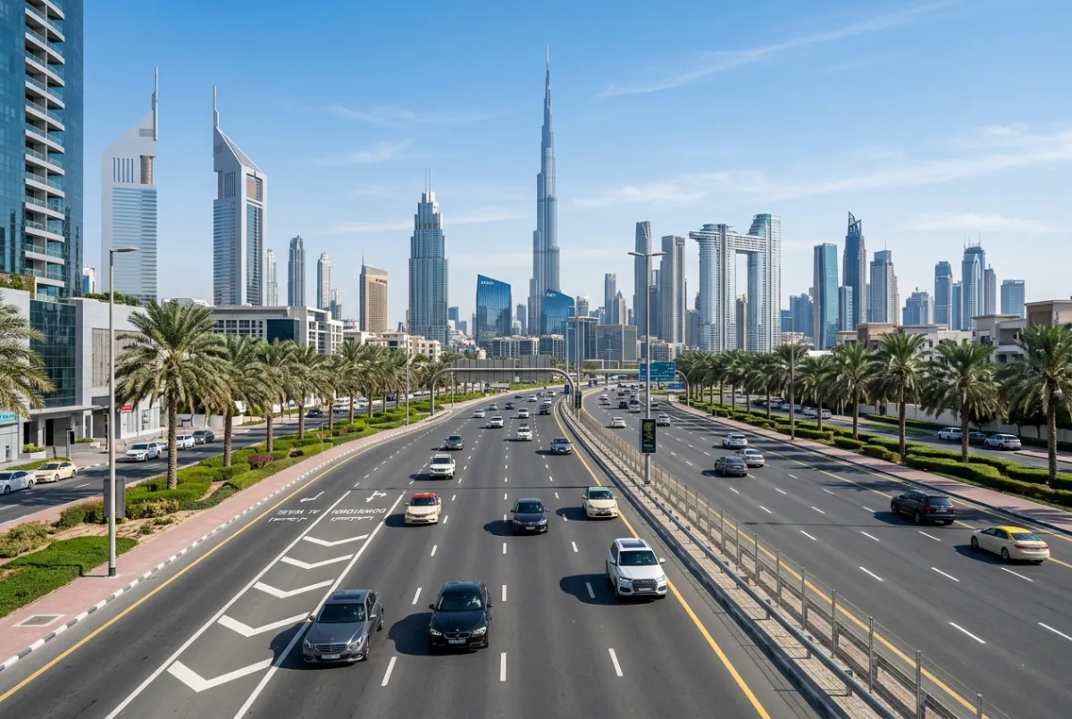 Sheikh Zayed Road in Dubai with Burj Khalifa and city skyline in the background
