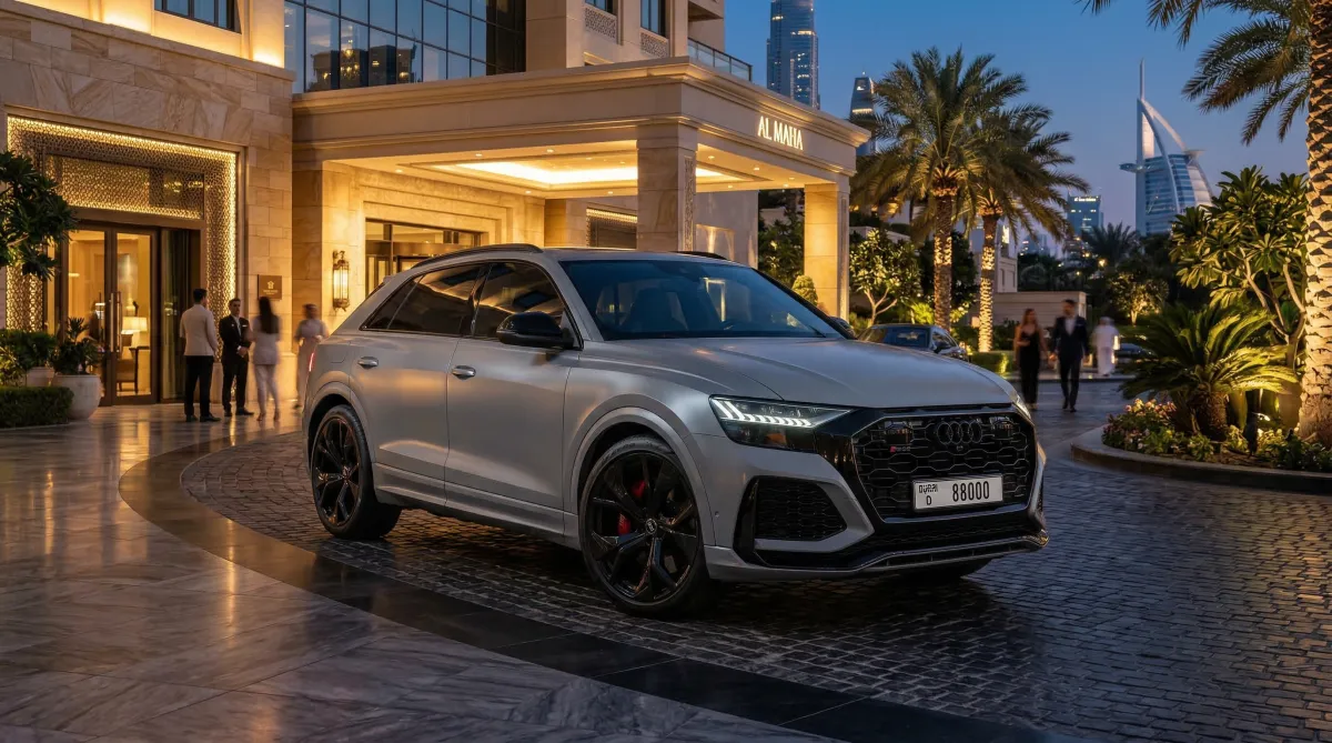 Grey Audi RSQ8 parked outside a luxury Dubai hotel at night