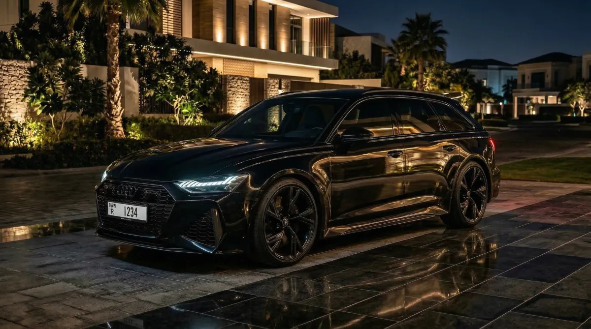 Black Audi RS6 Avant parked outside a luxury Dubai villa at night