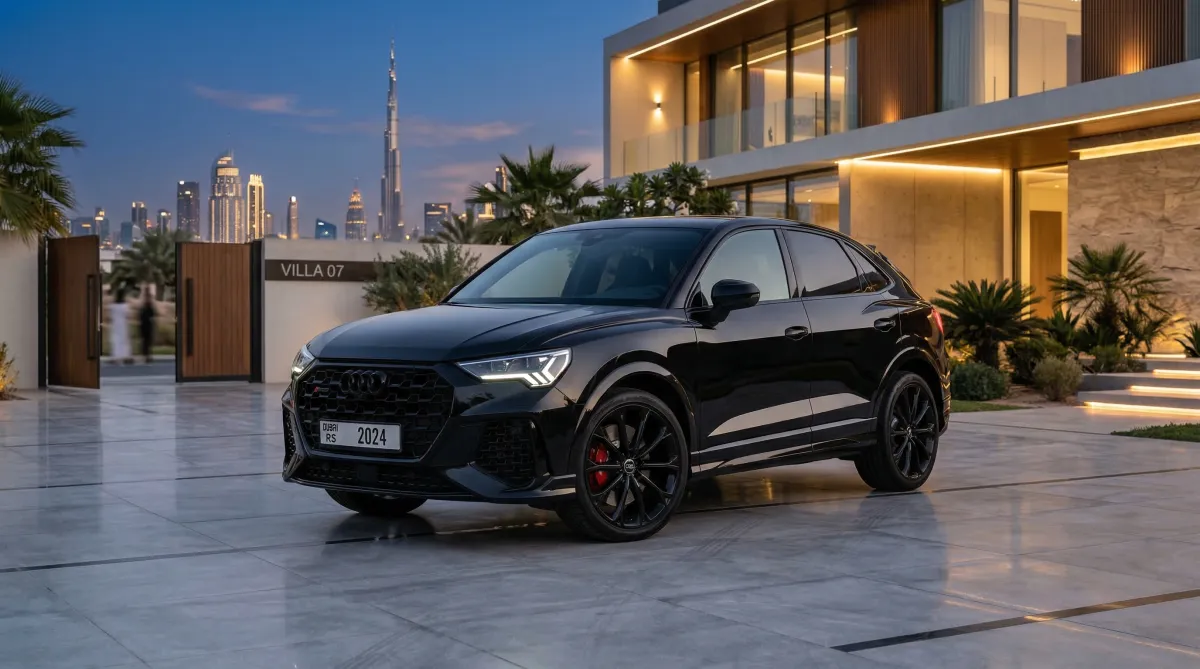 Black Audi RSQ3 parked outside a luxury Dubai villa with skyline views
