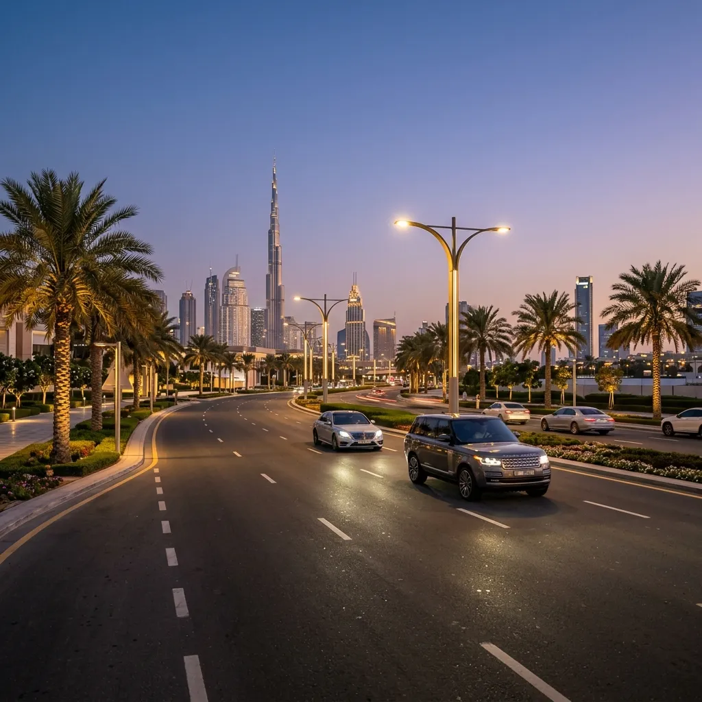 Palm-lined Dubai road at dusk with Burj Khalifa in the background