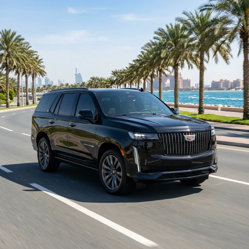 Black Cadillac Escalade with dark grey wheels driving along a palm-lined Dubai waterfront road