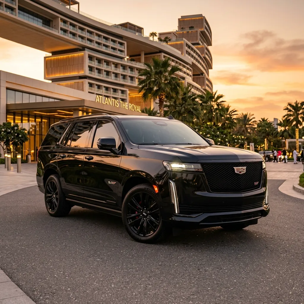 Black Cadillac Escalade-V parked outside Atlantis The Royal in Dubai