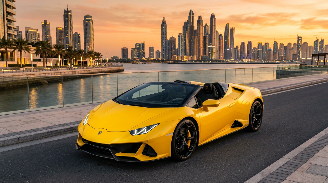 Yellow Lamborghini Huracan on a Dubai waterfront road at sunset