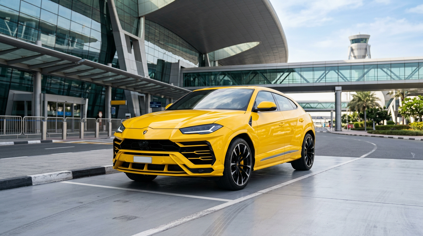 Yellow Lamborghini Urus outside Dubai International Airport arrivals area