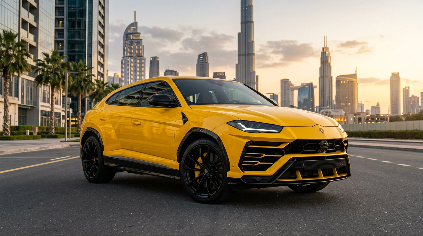 Yellow Lamborghini Urus parked on a premium Dubai road with skyline in the background