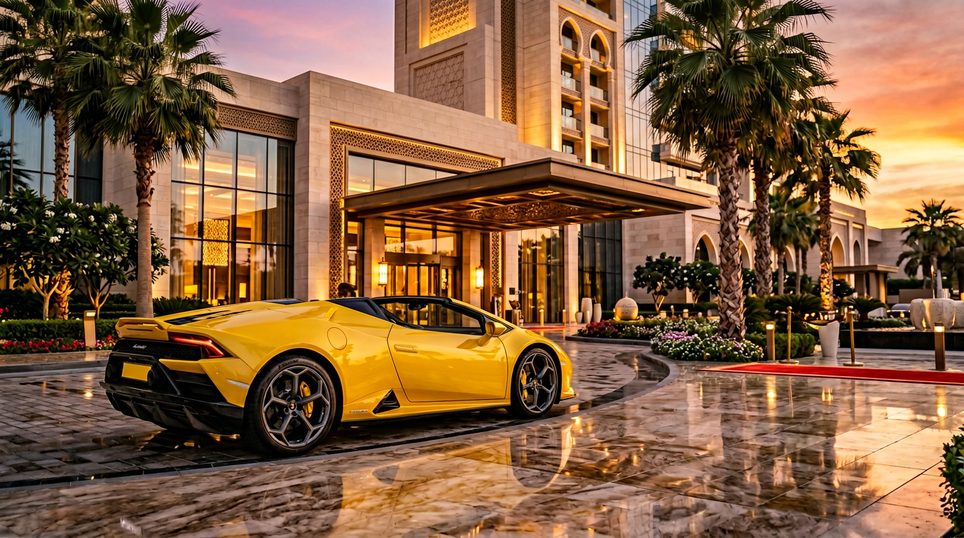 Yellow Lamborghini Huracan outside a luxury Dubai hotel for a special occasion arrival