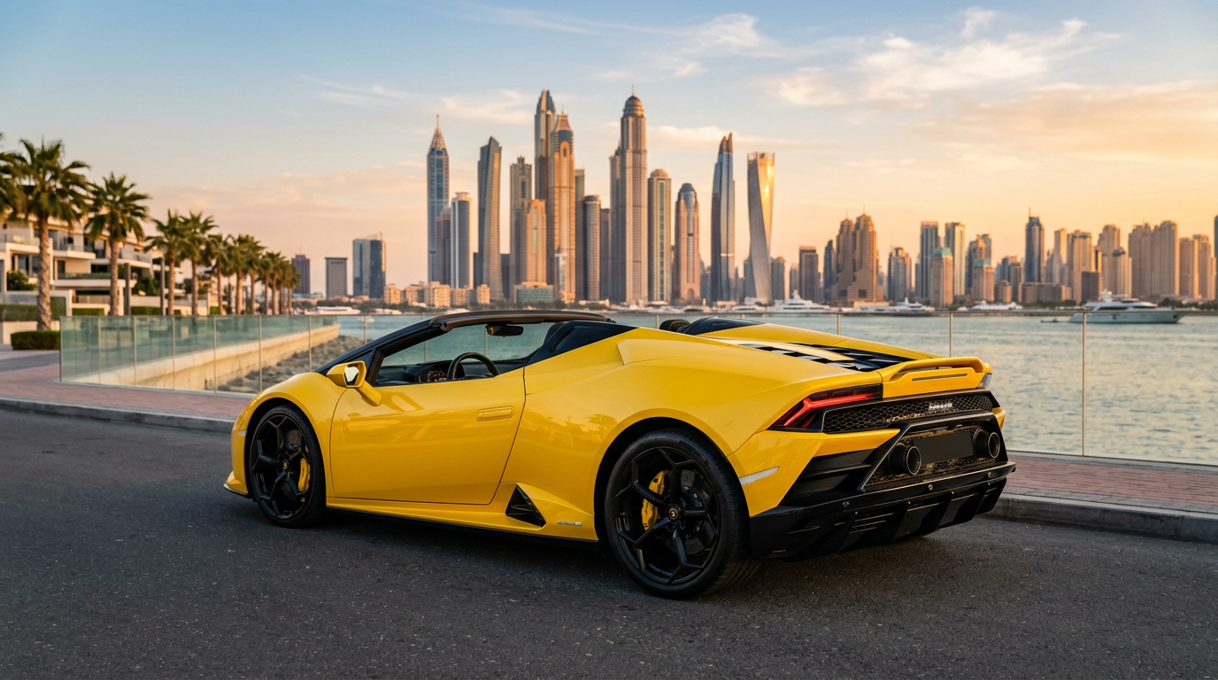 Yellow Lamborghini Huracan Evo Spyder parked on a Dubai waterfront road at sunset