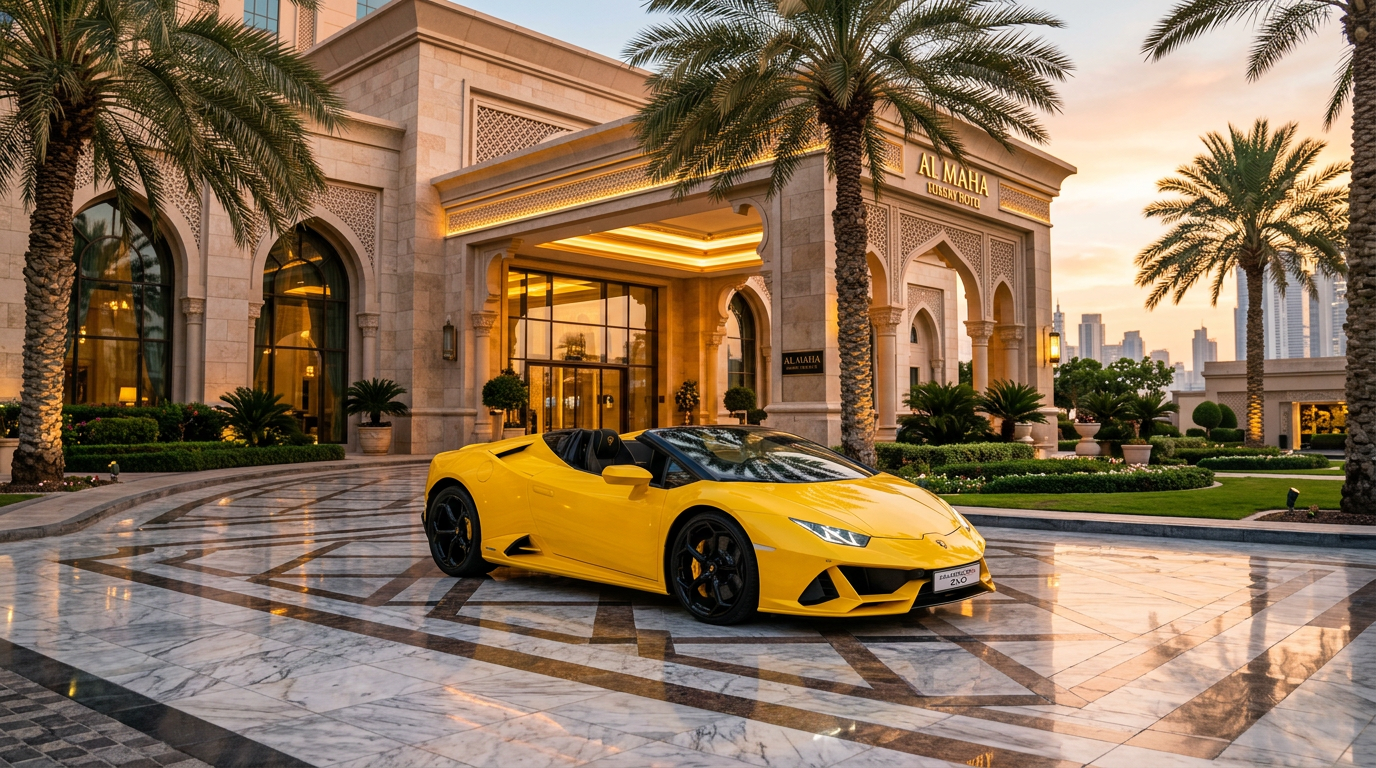Yellow Lamborghini delivered outside a luxury Dubai hotel entrance