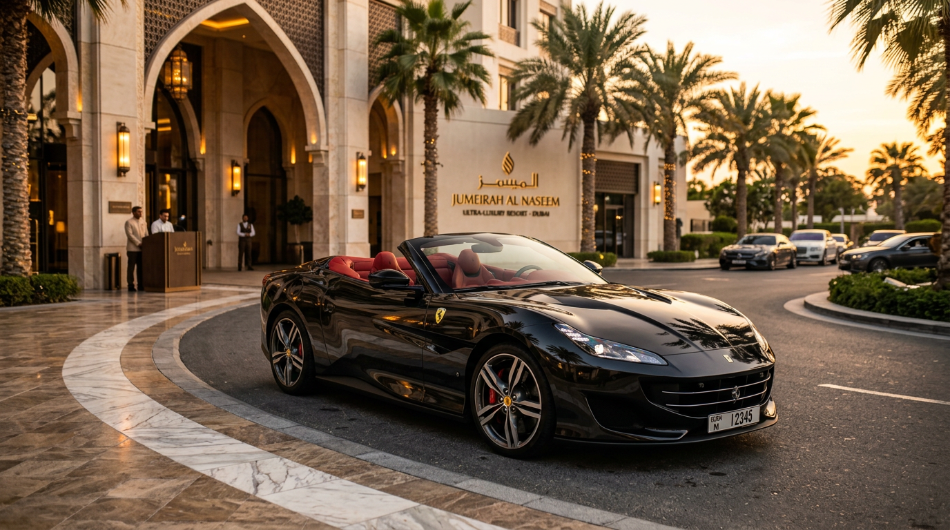 Black Ferrari Portofino parked outside a luxury Dubai hotel entrance at golden hour