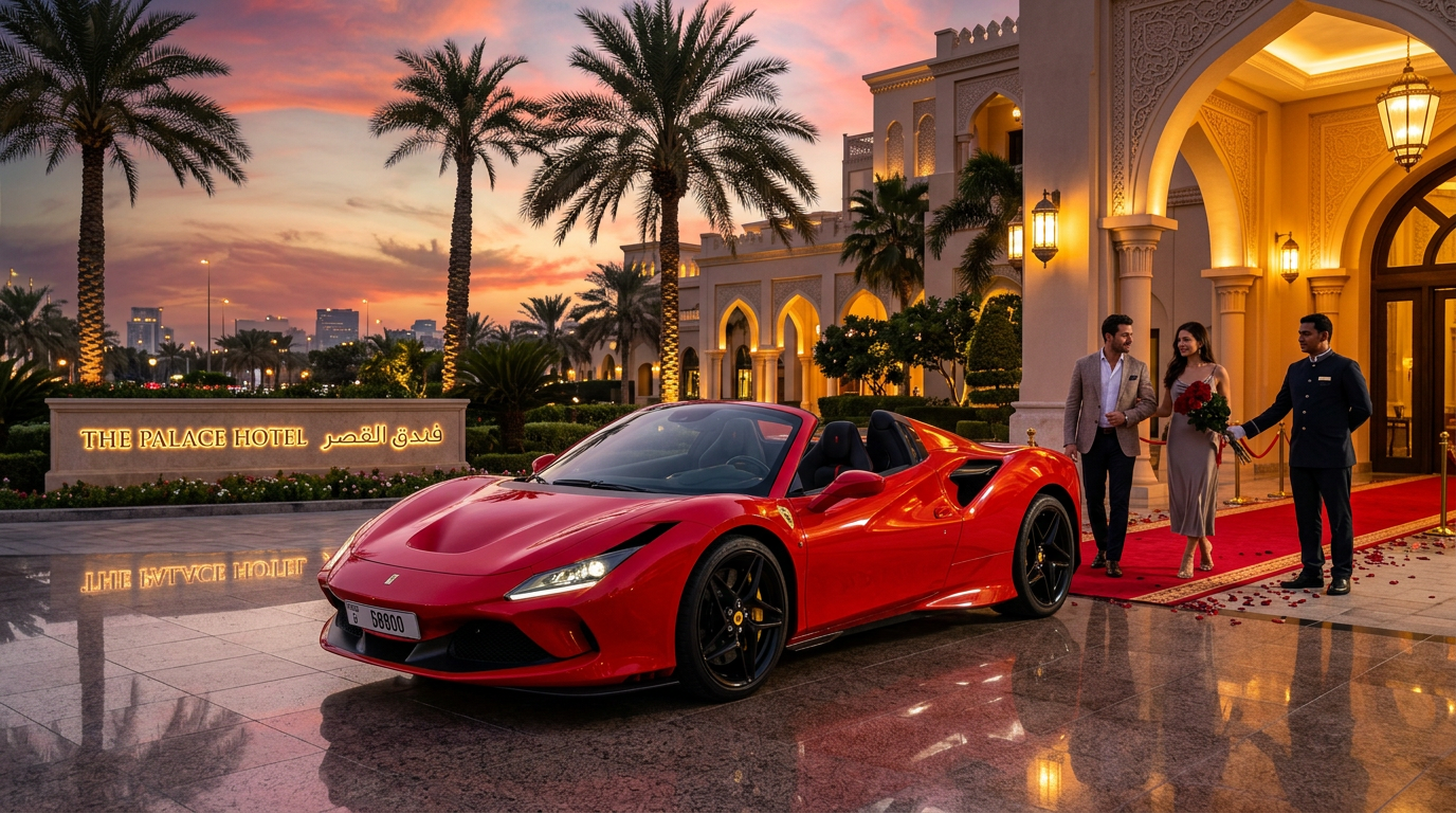 Red Ferrari outside a luxury Dubai hotel entrance for a special occasion arrival