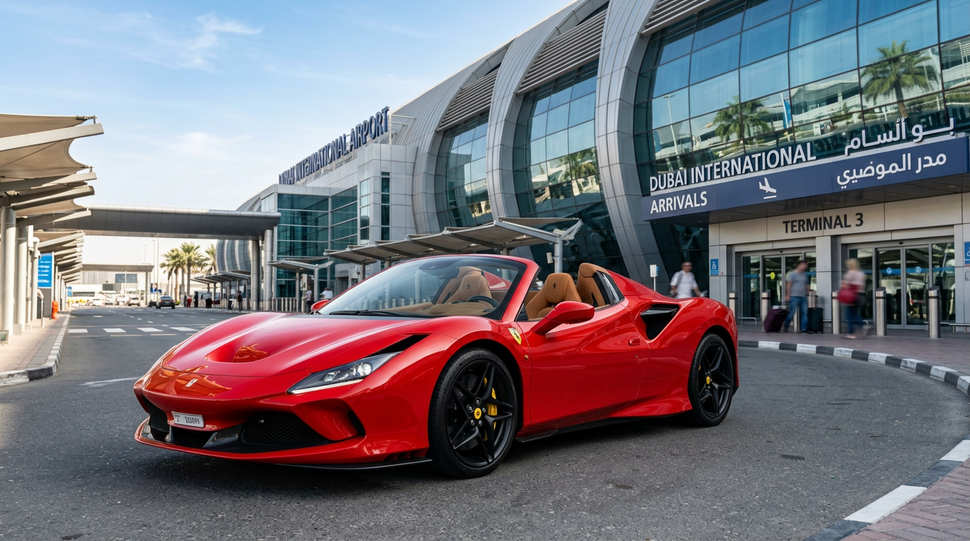 Red Ferrari F8 Tributo Spyder outside Dubai International Airport arrivals area