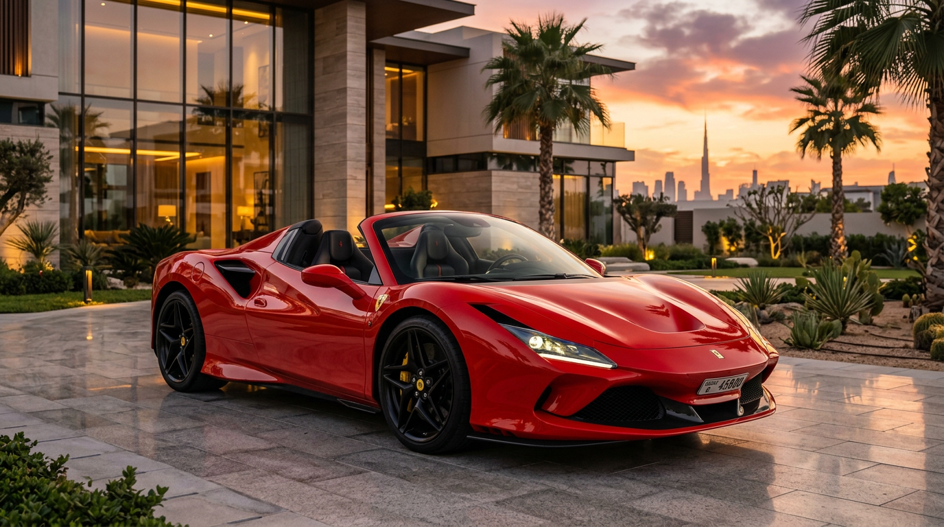 Red Ferrari F8 Tributo Spyder parked outside a premium Dubai villa at sunset