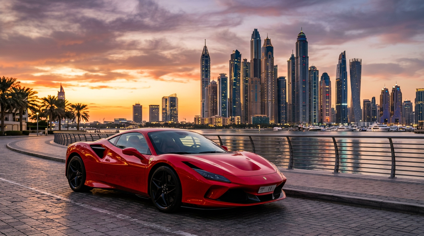 Red Ferrari on a premium Dubai waterfront road at sunset