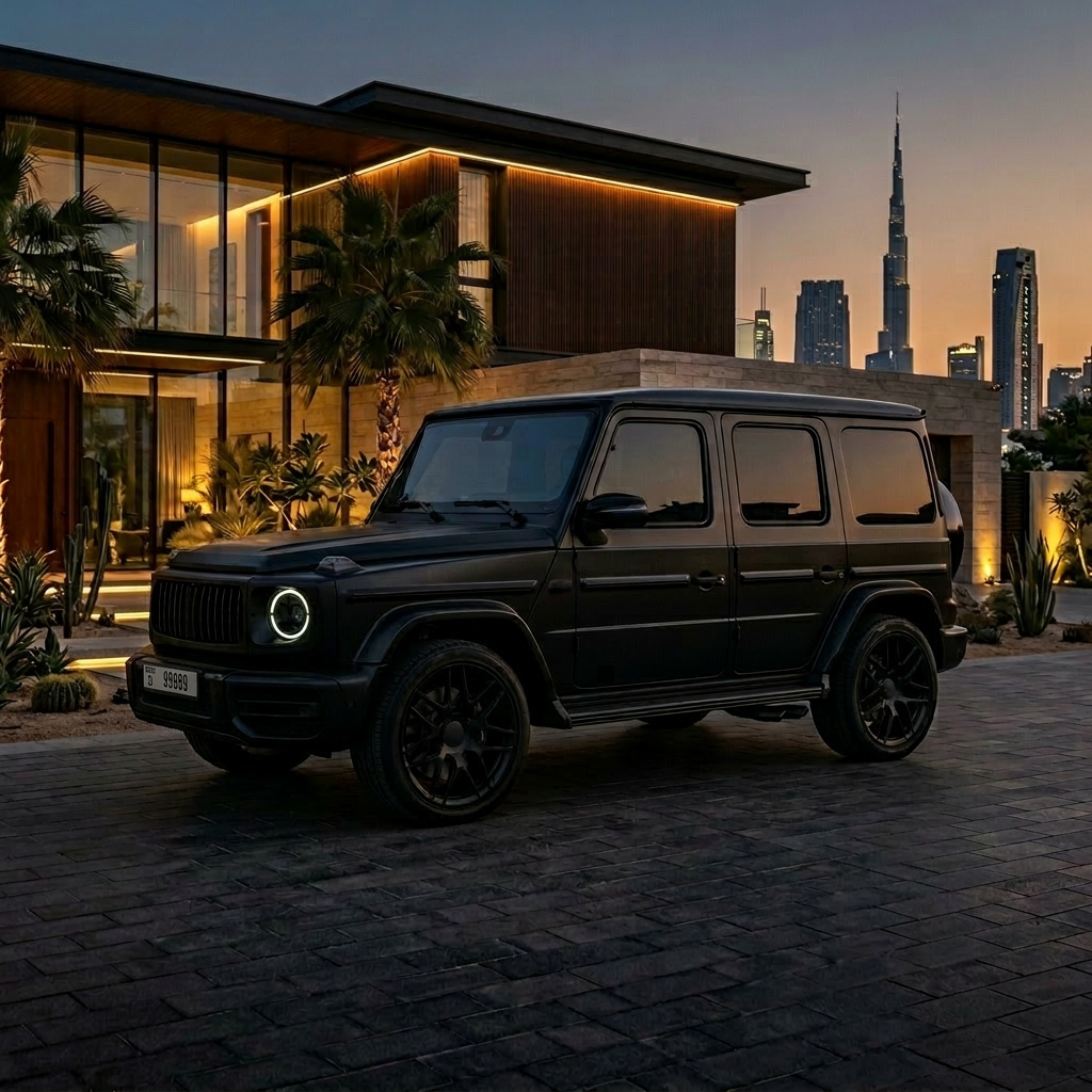 Matte black Mercedes-AMG G63 parked outside a high-end Dubai residence at dusk