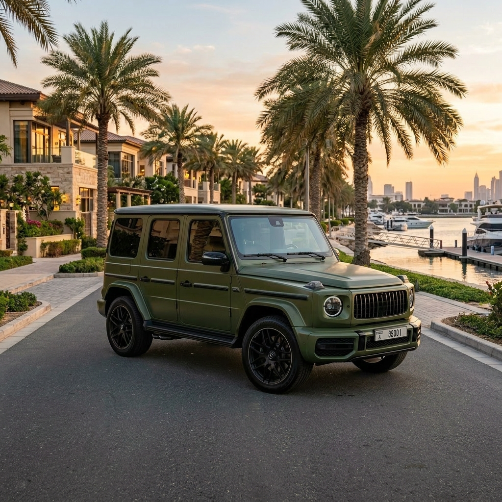 Olive green Mercedes-AMG G63 parked on a luxury Dubai waterfront road with palm trees and premium villas