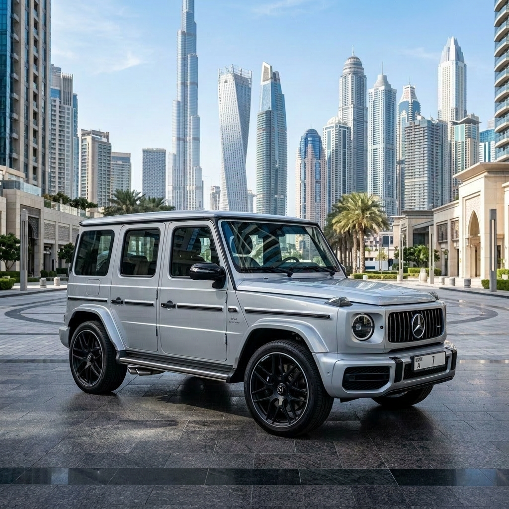 Silver Mercedes-AMG G63 parked in front of a premium Dubai city location with modern skyscrapers behind