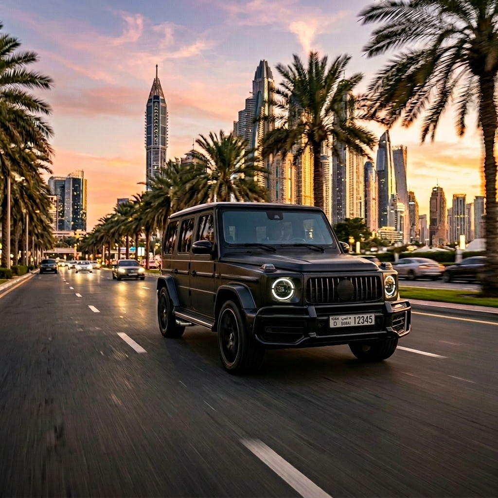 Matte black Mercedes-AMG G63 driving on a premium Dubai boulevard at sunset
