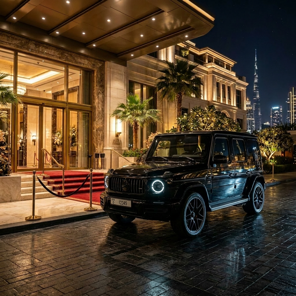 Black Mercedes-AMG G63 parked at the entrance of a luxury Dubai venue at night