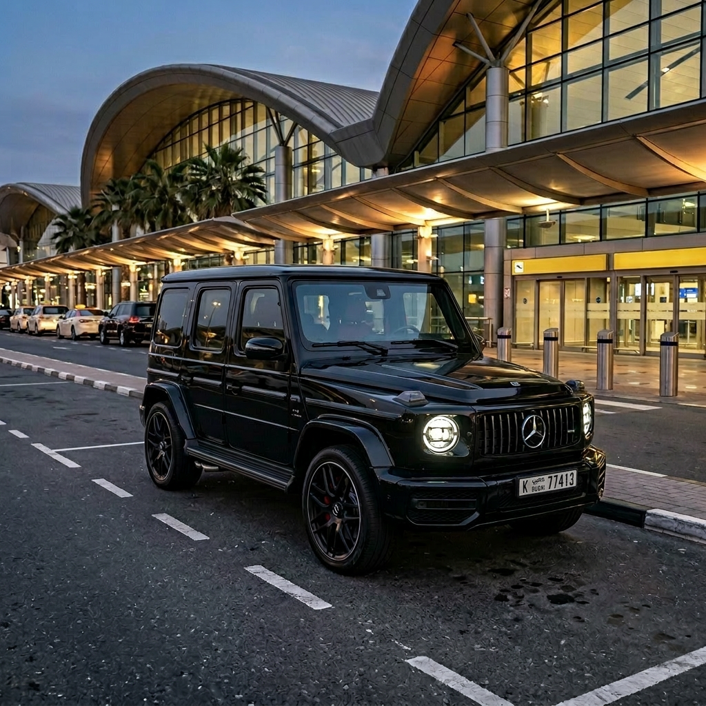 Black Mercedes-AMG G63 outside Dubai International Airport arrivals area