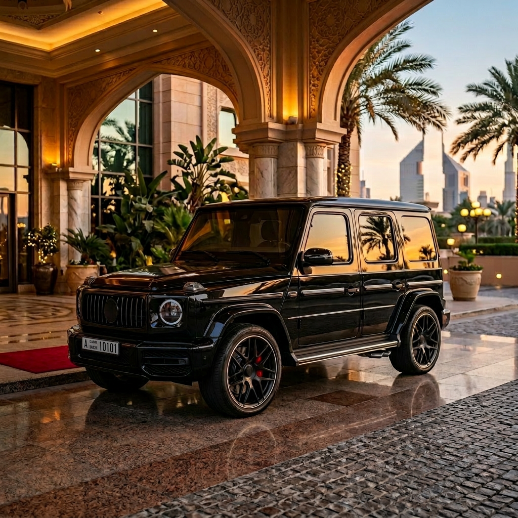 Black Mercedes-AMG G63 parked outside a luxury Dubai hotel entrance at golden hour