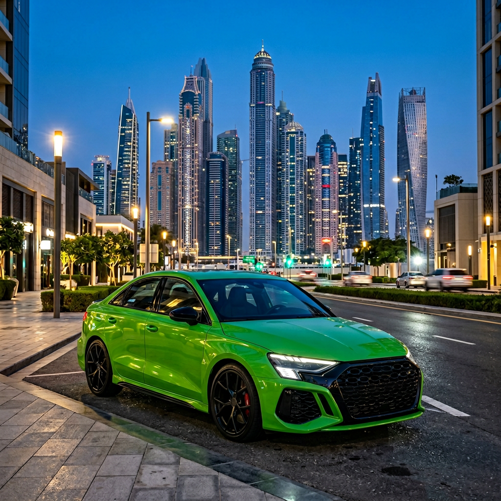 Bright green Audi RS3 sedan parked on a premium Dubai city street at blue hour