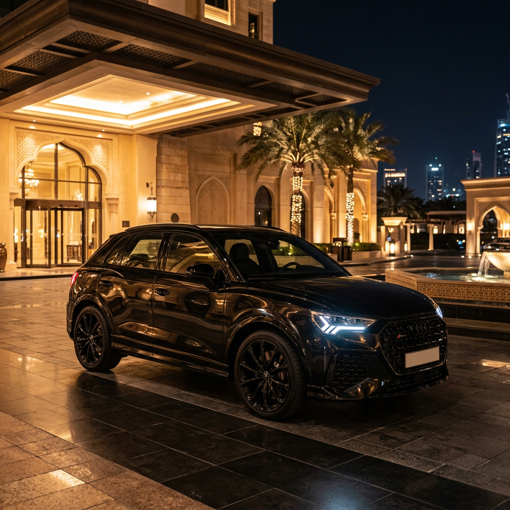 Black Audi RSQ3 parked outside a premium Dubai hotel entrance at night