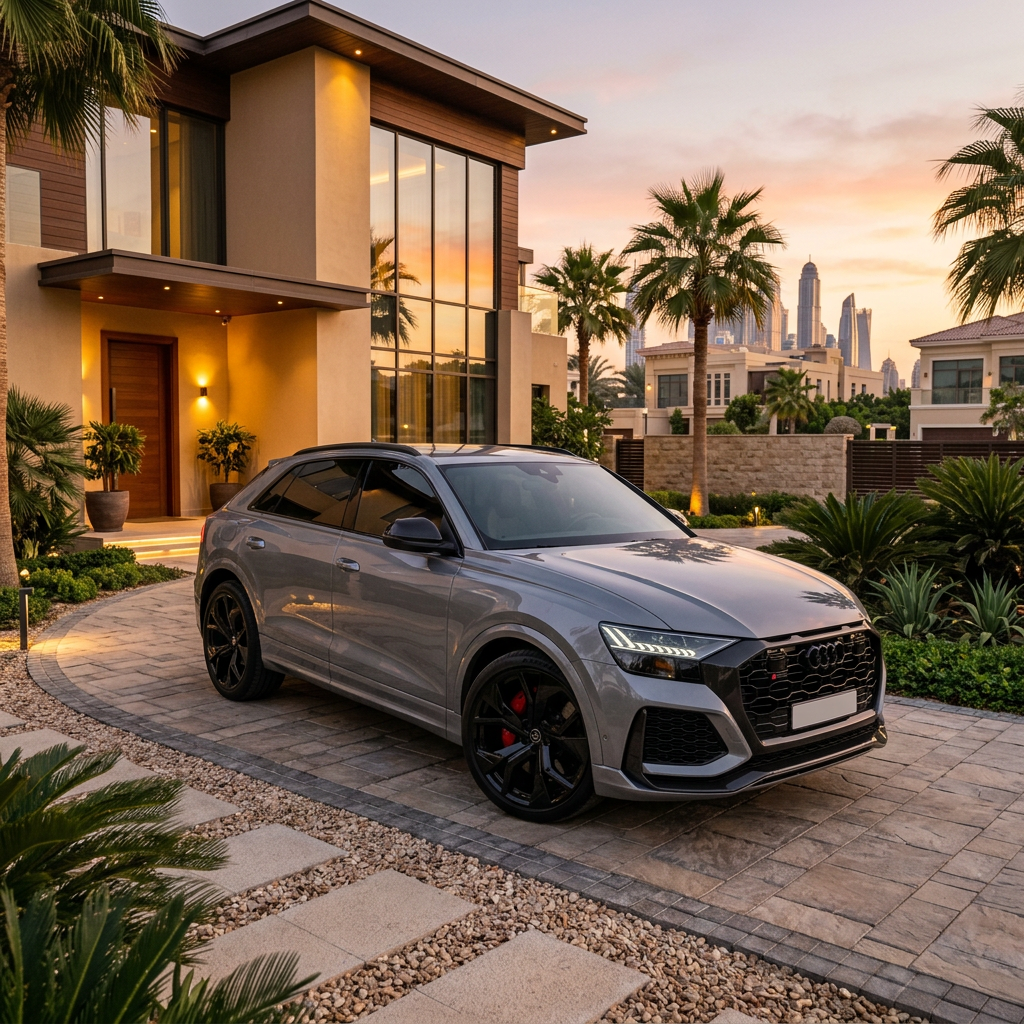 Grey Audi RSQ8 parked outside a luxury Dubai villa at golden hour