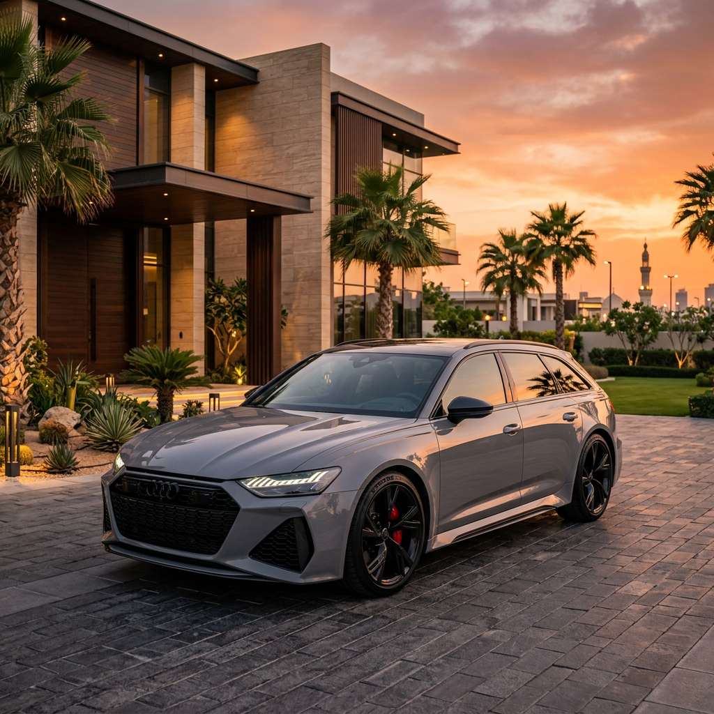 Nardo grey Audi RS6 Avant parked outside a luxury Dubai villa entrance at sunset