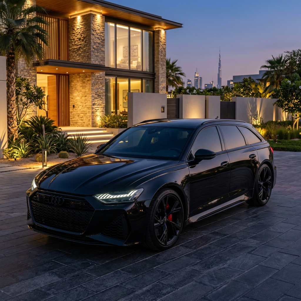 Black Audi RS6 Avant parked outside a high-end Dubai residence at dusk