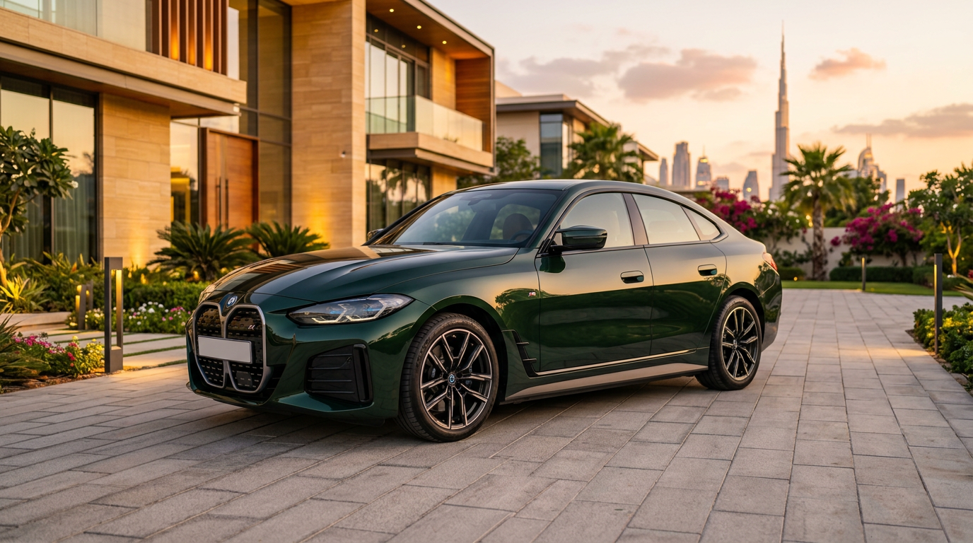 Dark green BMW i4 Gran Coupe parked outside a luxury Dubai villa at golden hour