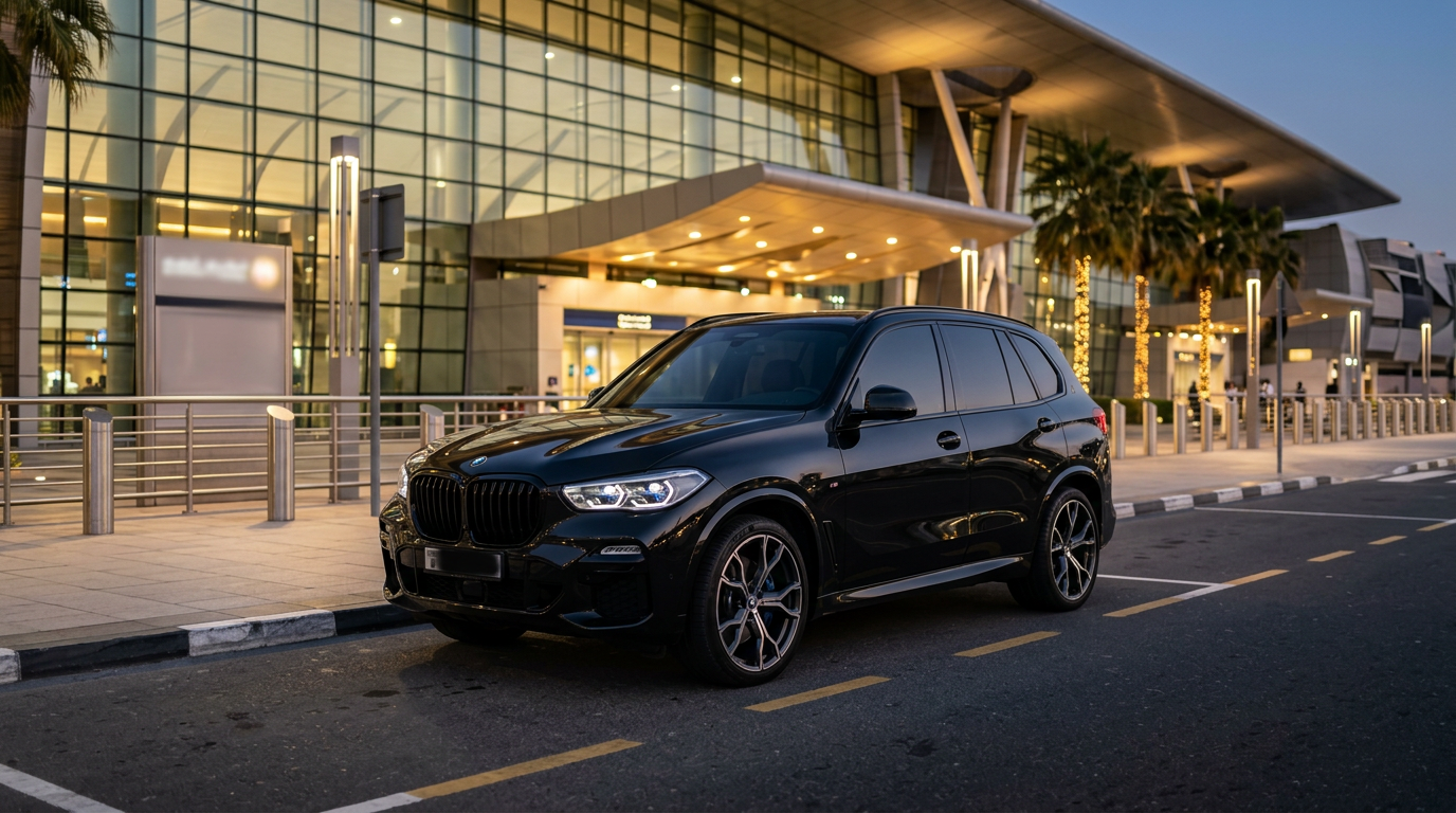 Black BMW X5 M Sport outside Dubai International Airport arrivals area