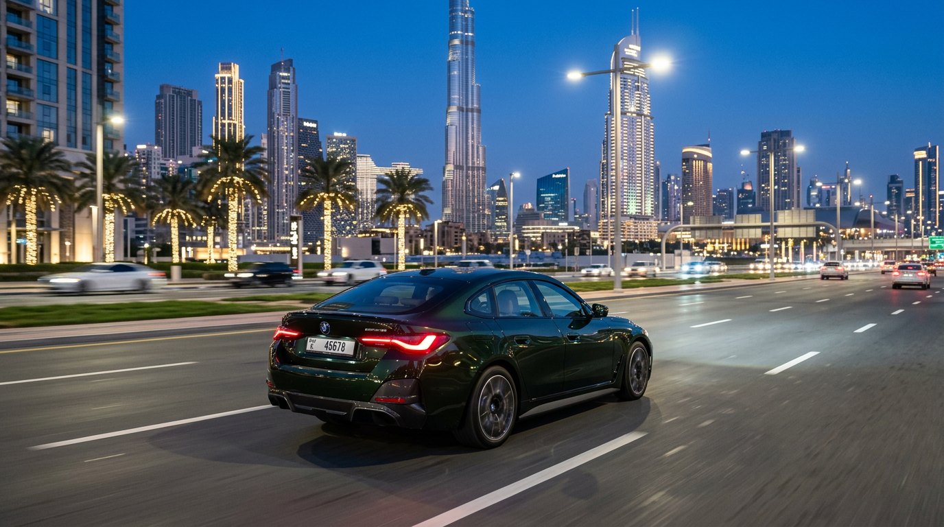 Dark green BMW i4 Gran Coupe driving through a premium Dubai city boulevard at blue hour