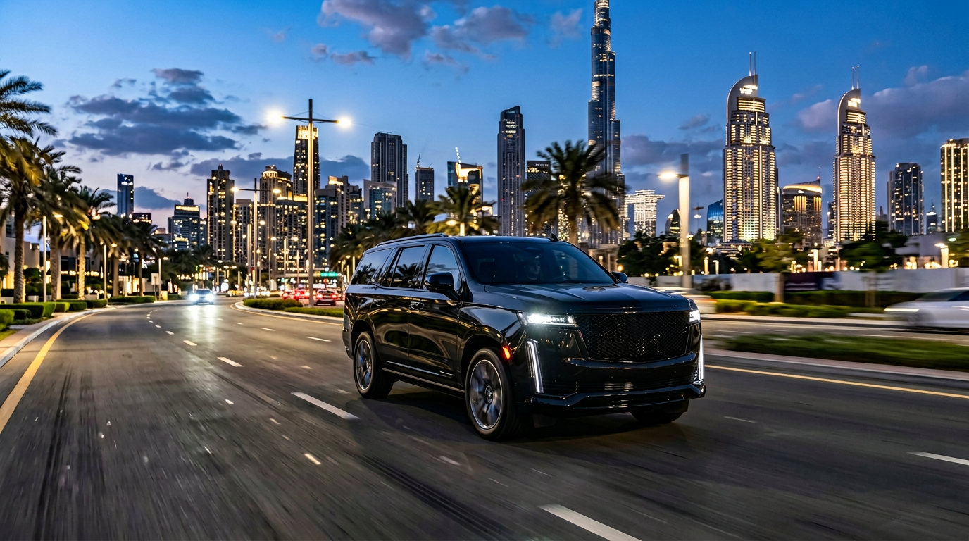 Black Cadillac Escalade driving through Dubai at night with Burj Khalifa skyline in the background