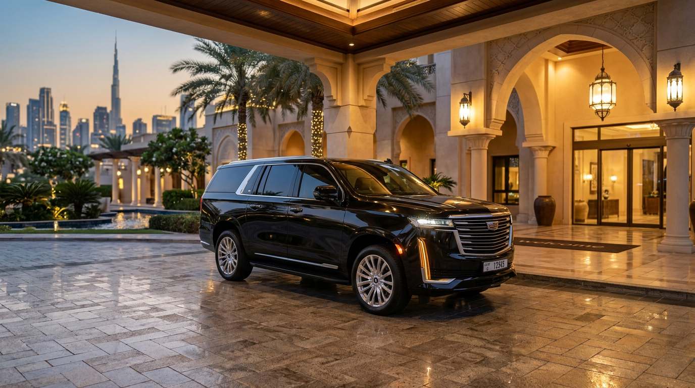 Black Cadillac Escalade delivered outside a luxury Dubai hotel entrance