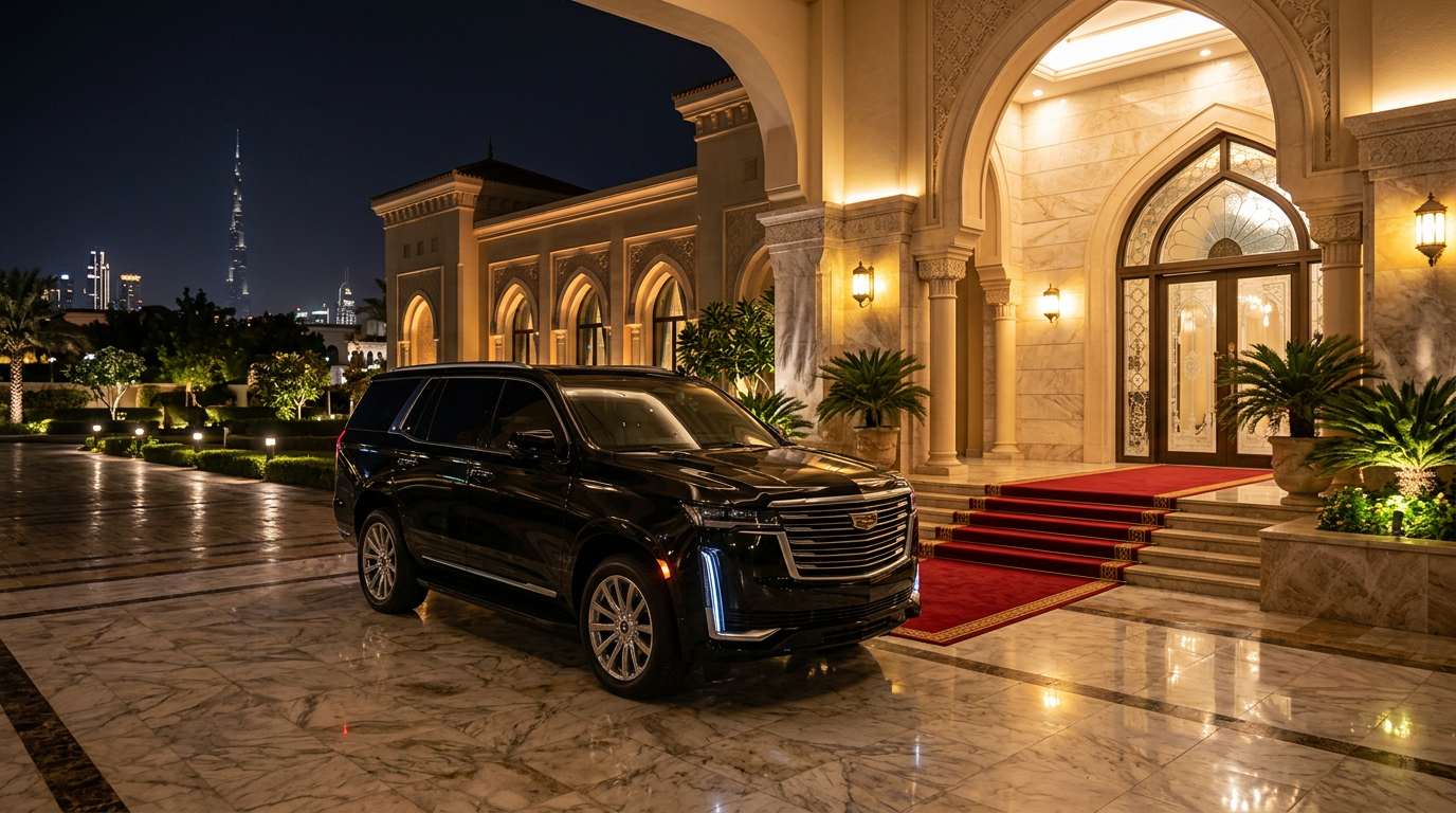 Black Cadillac Escalade outside a luxury Dubai hotel for a special occasion arrival