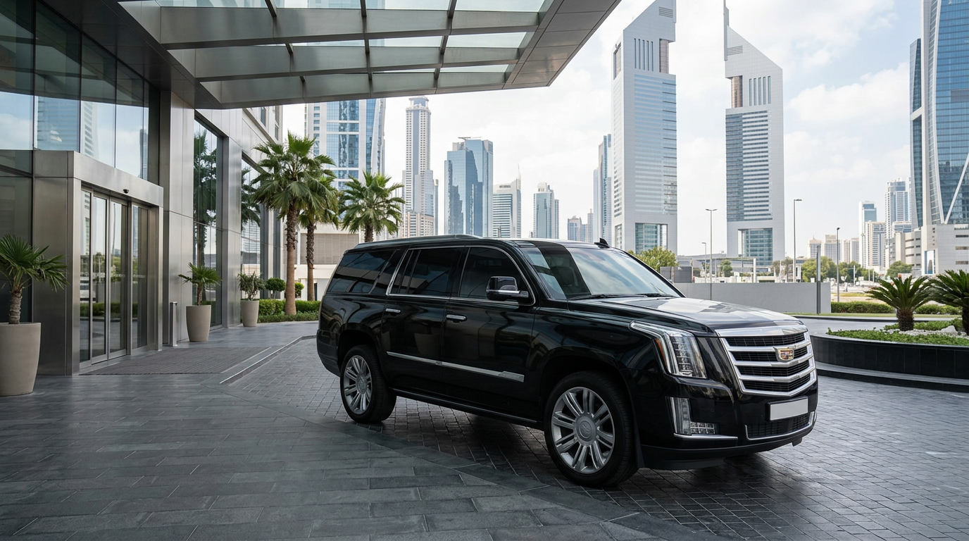 Black Cadillac Escalade on a premium Dubai waterfront road at sunset