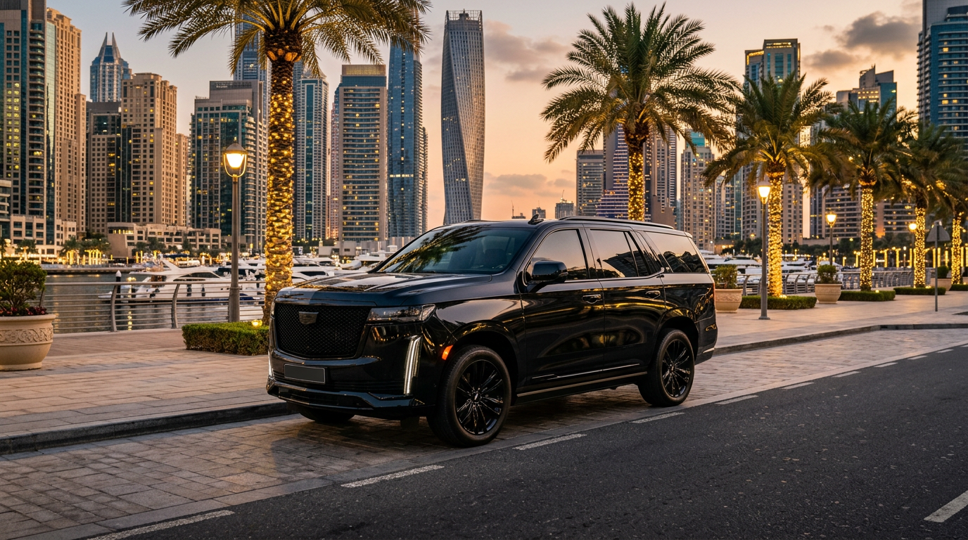 Black Cadillac Escalade with captain seats parked outside a premium Dubai hotel entrance