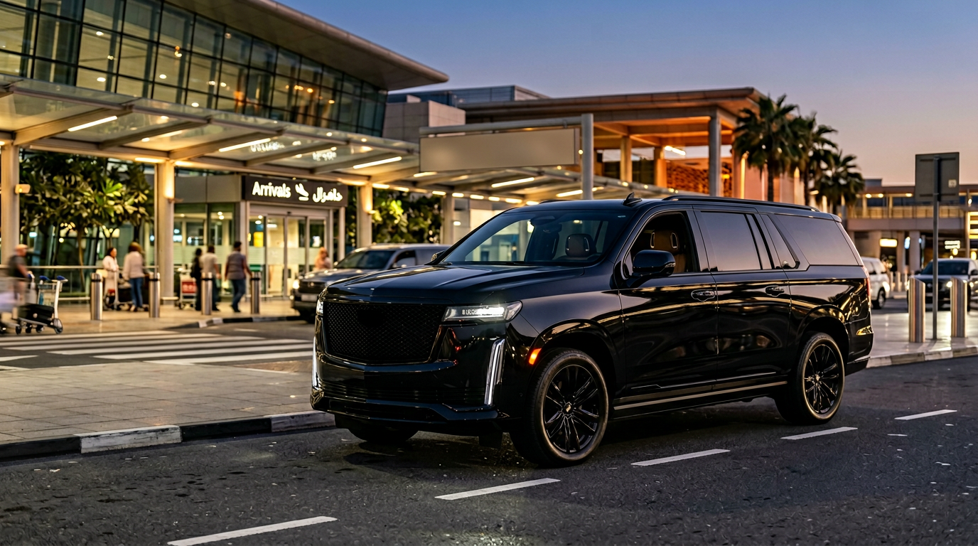 Black Cadillac Escalade outside Dubai International Airport arrivals area