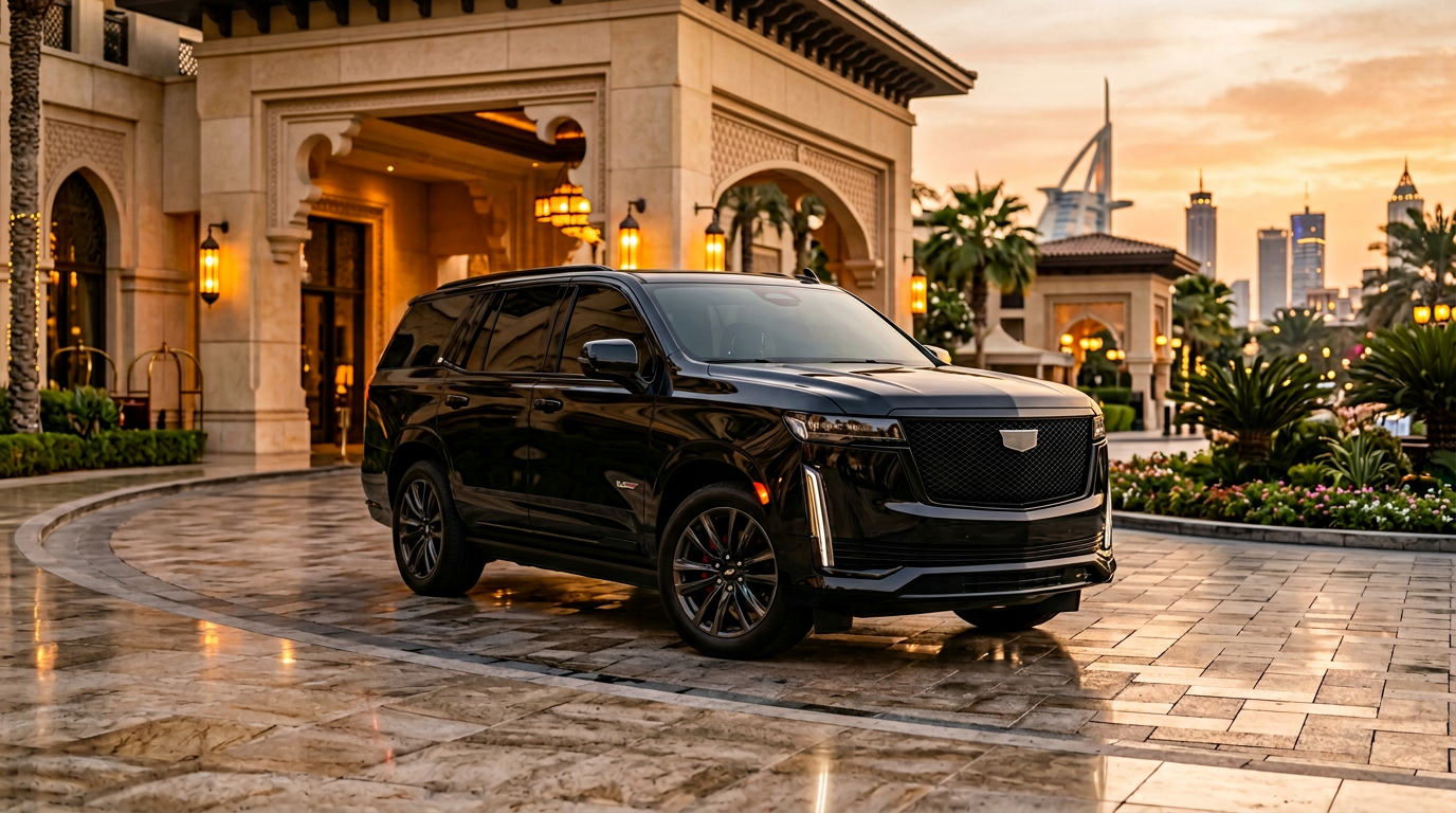 Black Cadillac Escalade parked outside a luxury Dubai hotel entrance at golden hour