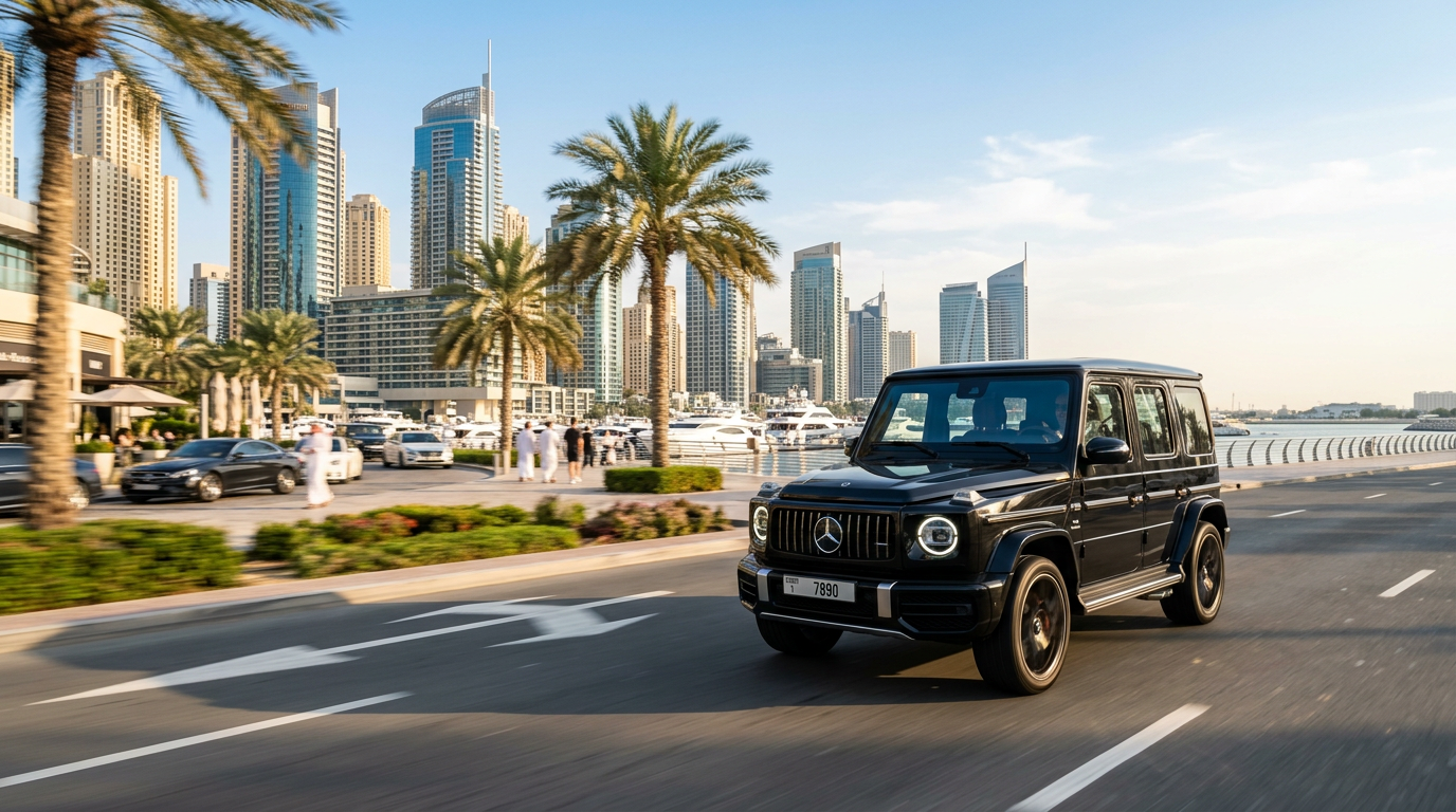 Premium Mercedes rental Dubai driving through a luxury waterfront area