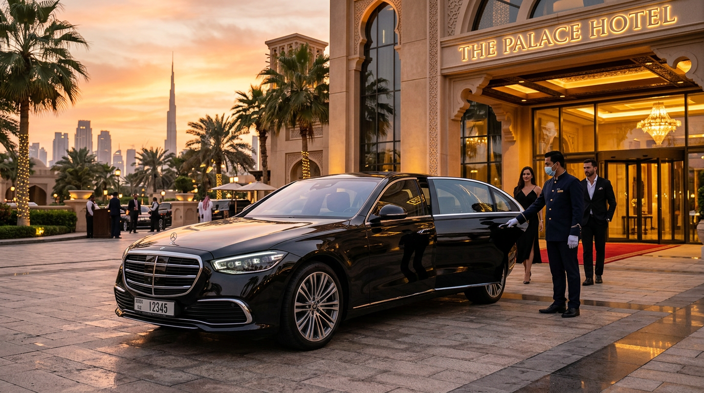 Luxury Mercedes rental Dubai parked outside a premium waterfront hotel in Dubai