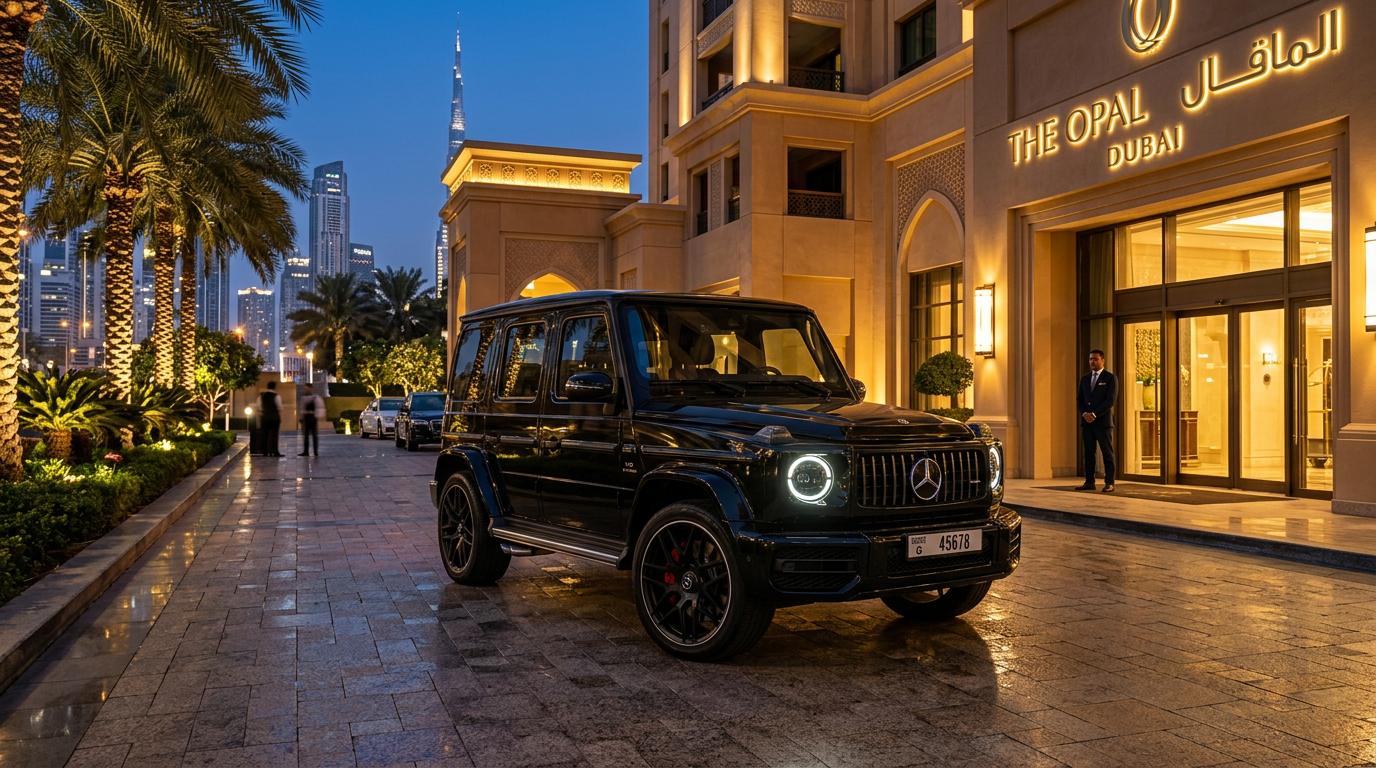 Black Mercedes G63 rental Dubai outside a luxury hotel entrance