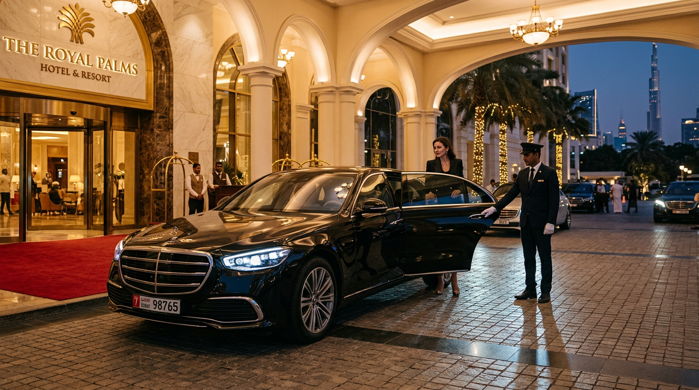 Mercedes S500 rental Dubai in front of a luxury Dubai hotel