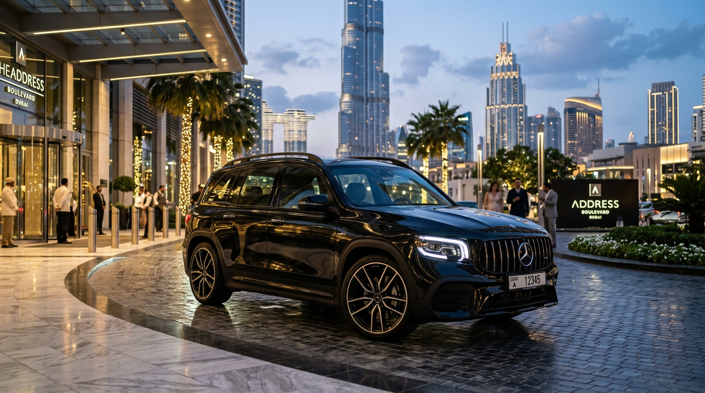Mercedes GLB 35 AMG rental Dubai outside a luxury hotel in Dubai